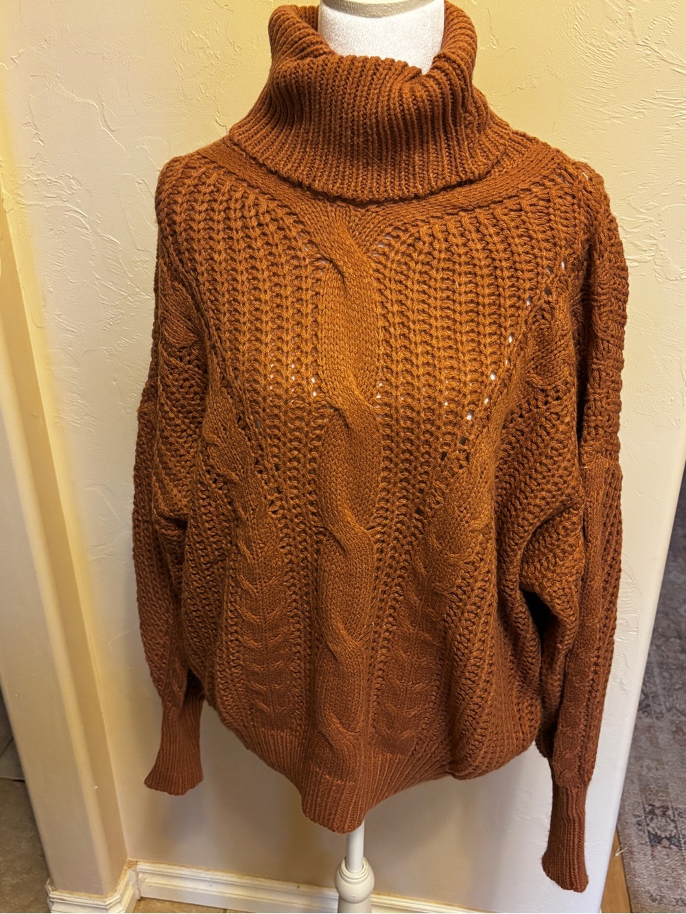 Cozy Cable Knit Turtleneck Sweater - Soft Rust - Size M